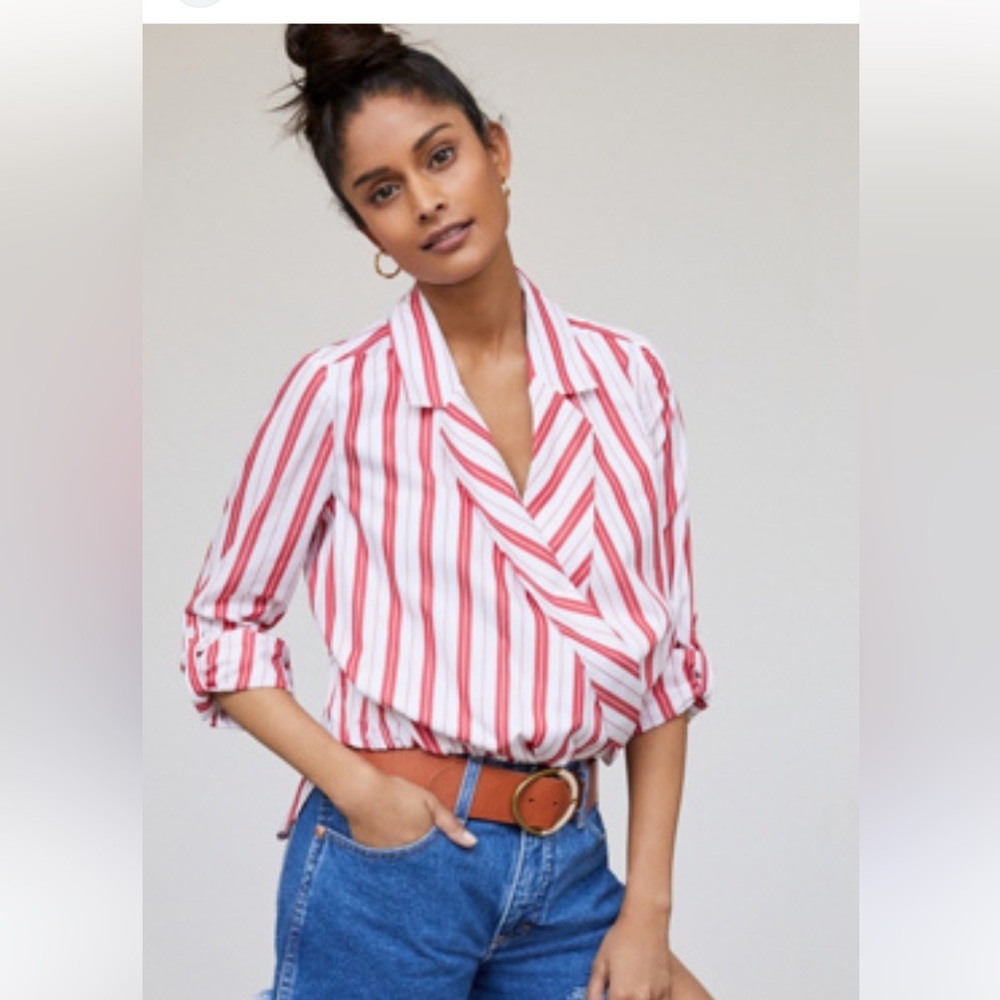 Harshman Los Angeles Anthropologie surplice blouse red white striped Large